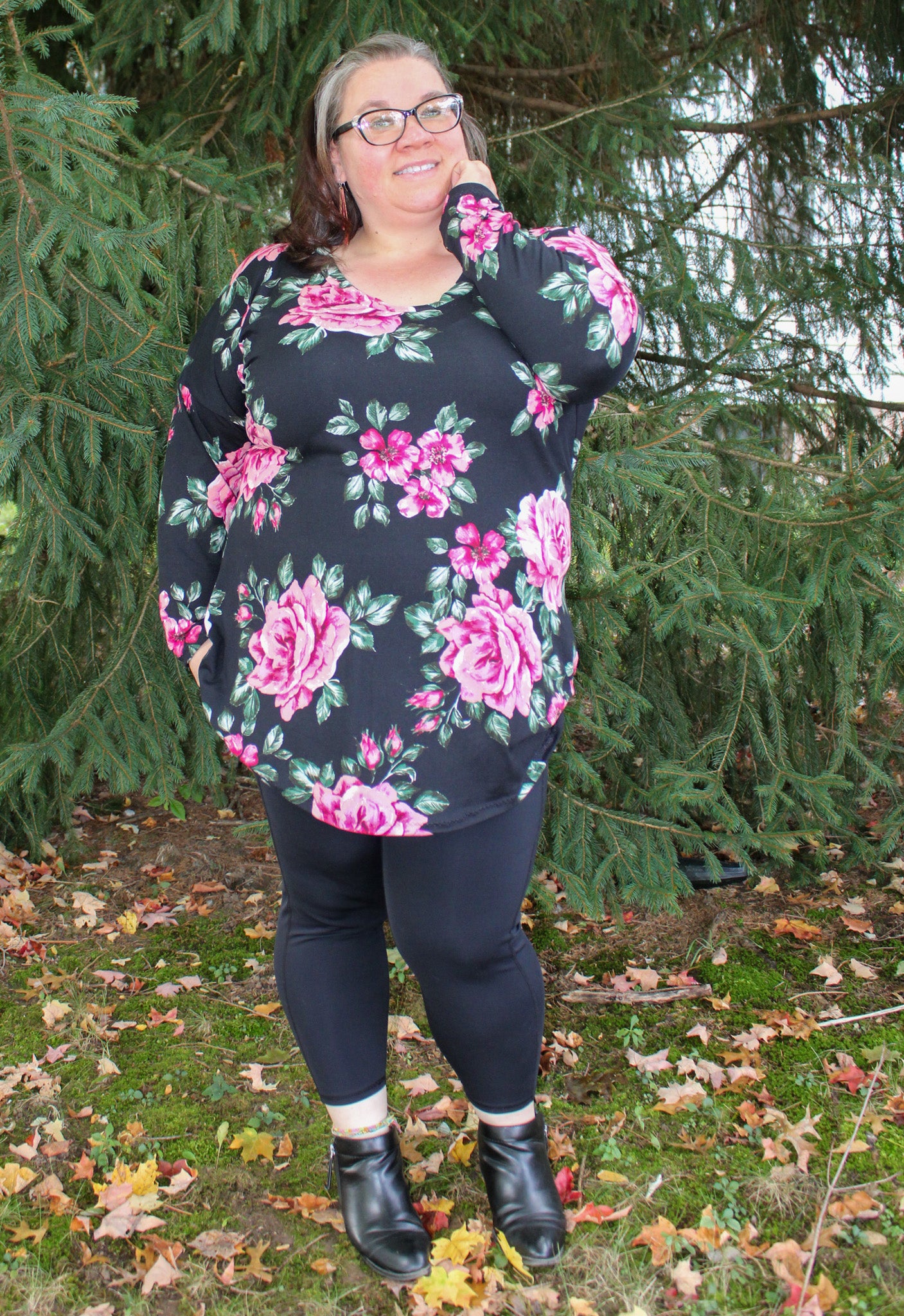 Image of pink black floral Rivet Patterns Daisy Dolman long sleeve tunic